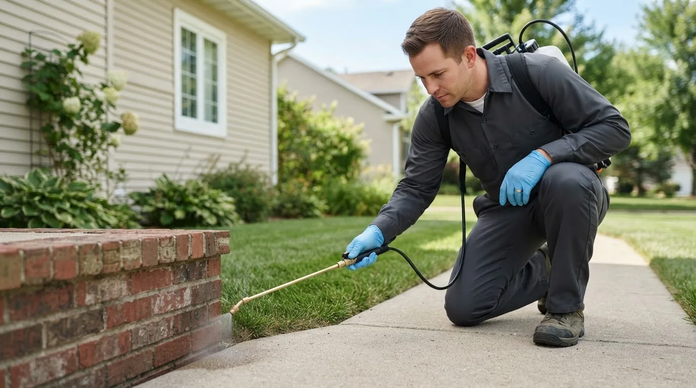 Pest control technician treating a home near Hampton, NH
