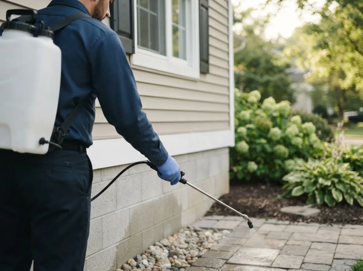 Pest control technician inspecting a home in Hampton, NH